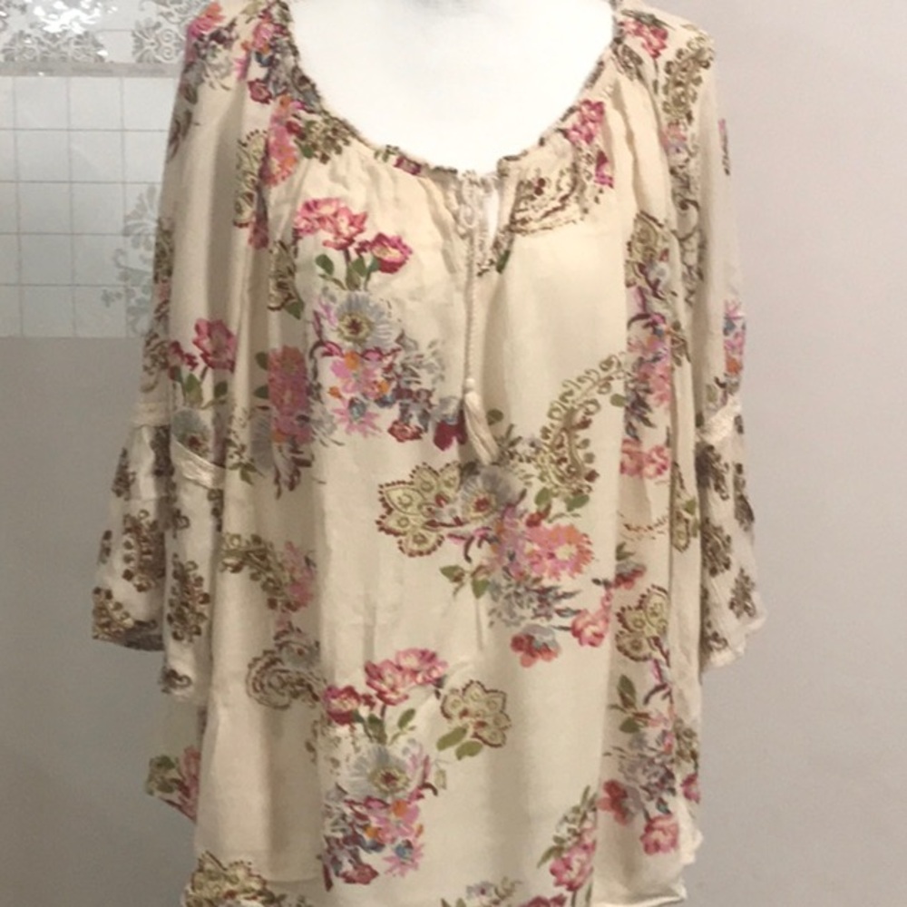 Bila Cream and Pink Peasant Blouse with Ruffled Neckline